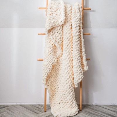 Handmade Thick Wool Knitted Blanket Sofa Chenille Stick Knitted Blanket  Size  80 x 100 CM  Custard