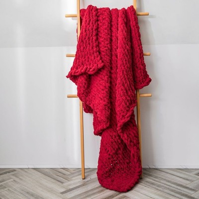 Handmade Thick Wool Knitted Blanket Sofa Chenille Stick Knitted Blanket  Size  80 x 100 CM  Scarlet